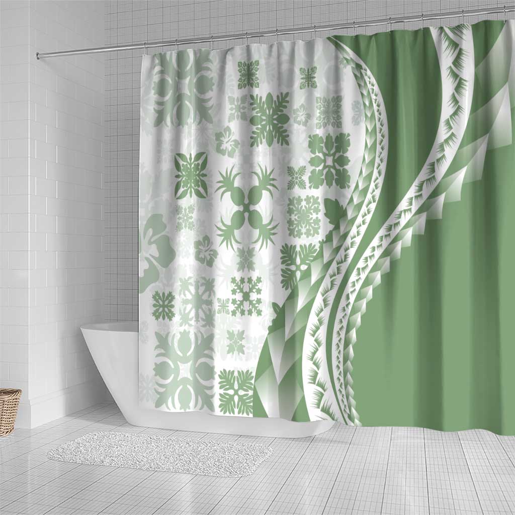 Green Hawaiian Quilt Pattern Shower Curtain Mixed Polynesian Tribal Arty