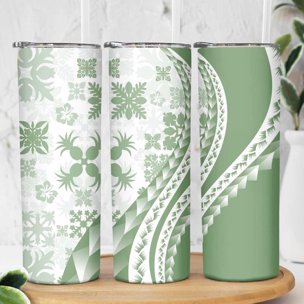 Green Hawaiian Quilt Pattern Skinny Tumbler Mixed Polynesian Tribal Arty