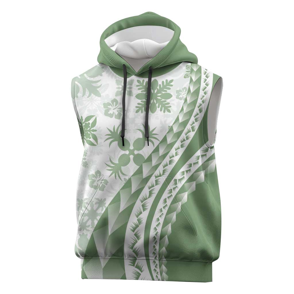 Green Hawaiian Quilt Pattern Sleeveless Hoodie Mixed Polynesian Tribal Arty - Polynesian Pride