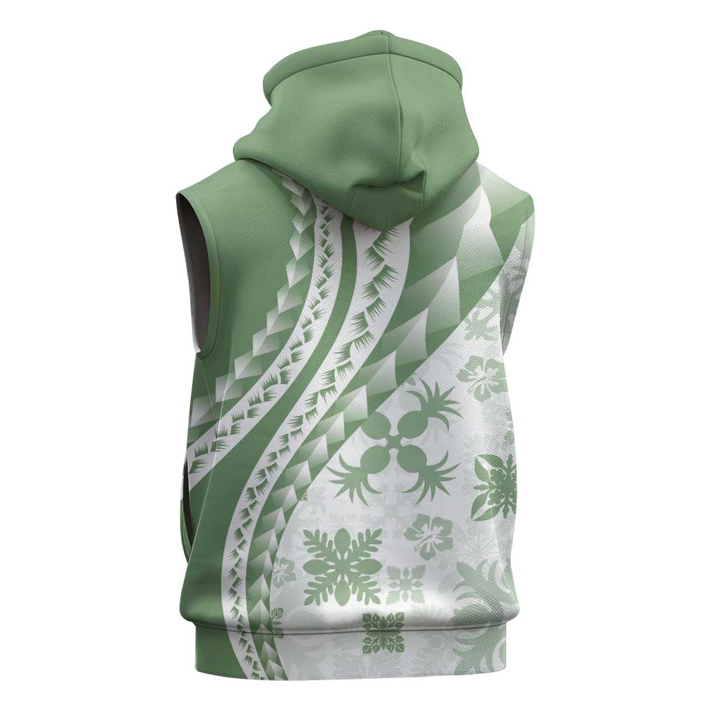 Green Hawaiian Quilt Pattern Sleeveless Hoodie Mixed Polynesian Tribal Arty - Polynesian Pride