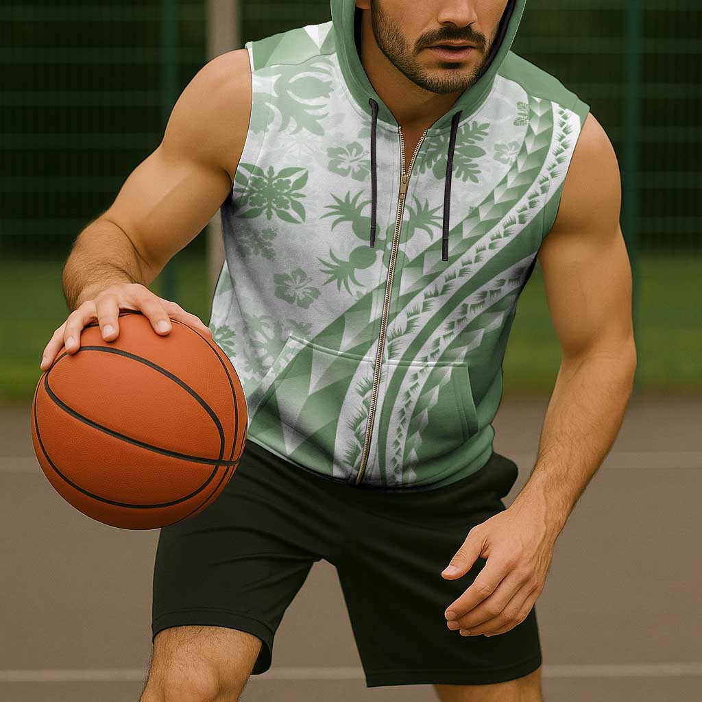Green Hawaiian Quilt Pattern Sleeveless Zip Hoodie Mixed Polynesian Tribal Arty - Polynesian Pride