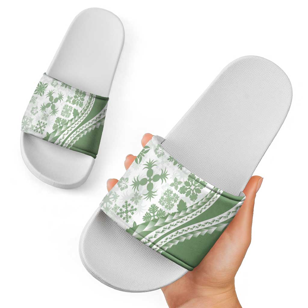 Green Hawaiian Quilt Pattern Slide Sandals Mixed Polynesian Tribal Arty - Polynesian Pride