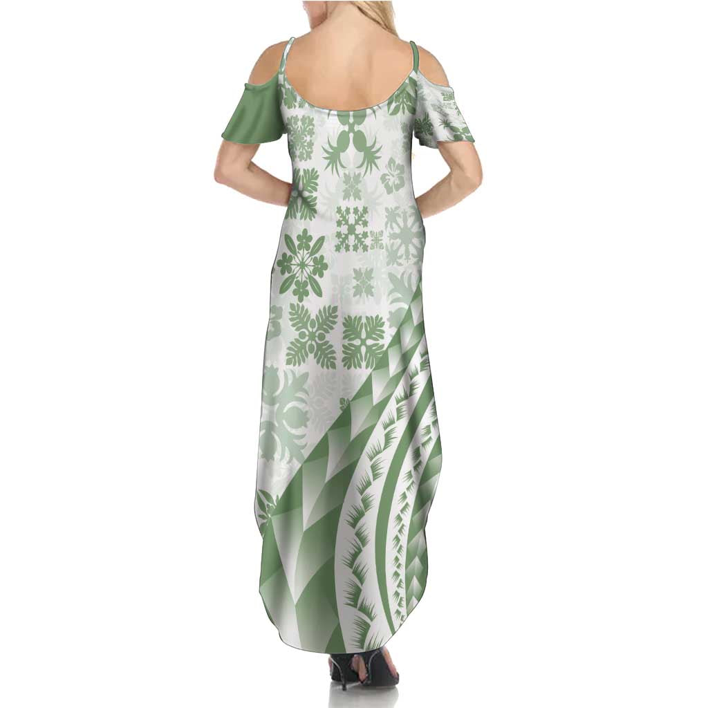 Green Hawaiian Quilt Pattern Summer Maxi Dress Mixed Polynesian Tribal Arty