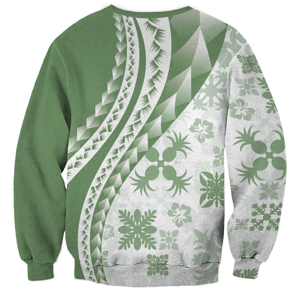 Green Hawaiian Quilt Pattern Sweatshirt Mixed Polynesian Tribal Arty