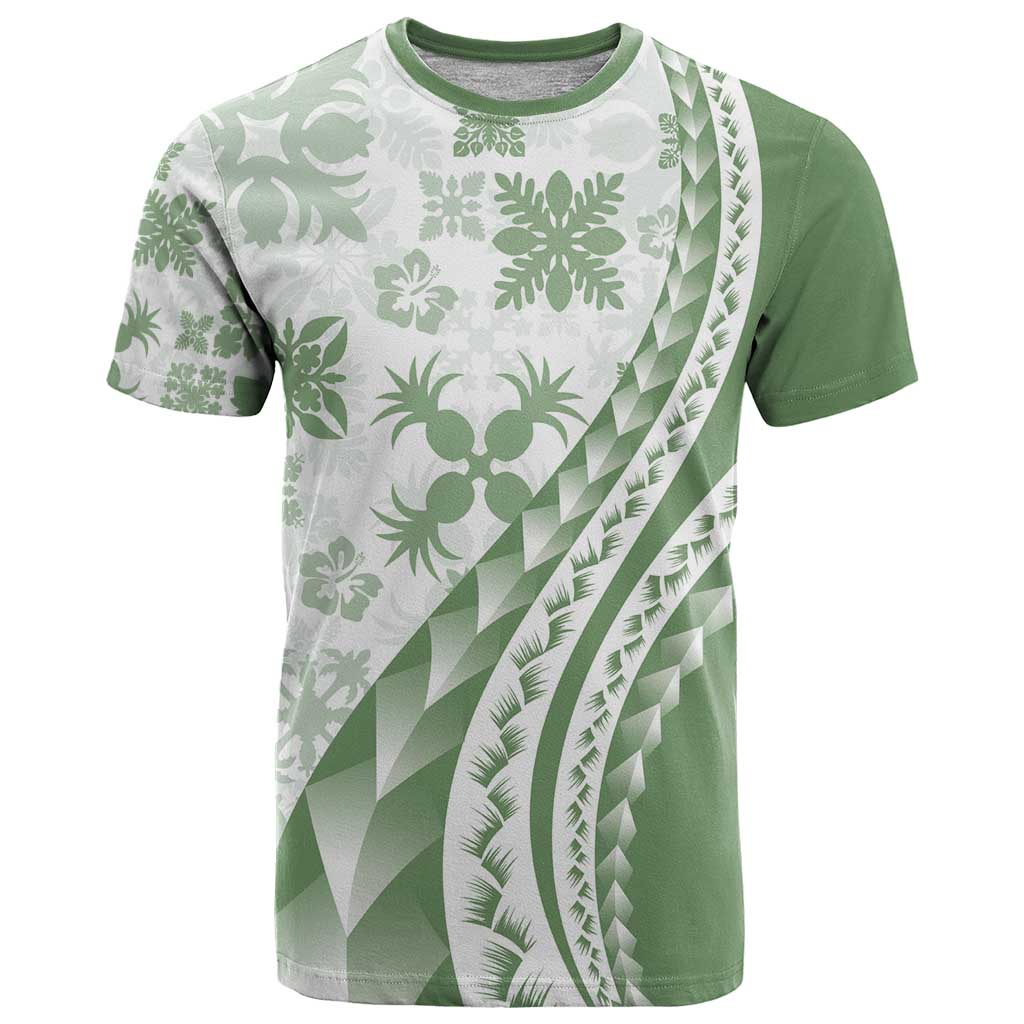 Green Hawaiian Quilt Pattern T Shirt Mixed Polynesian Tribal Arty