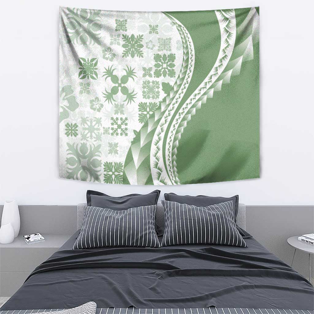 Green Hawaiian Quilt Pattern Tapestry Mixed Polynesian Tribal Arty