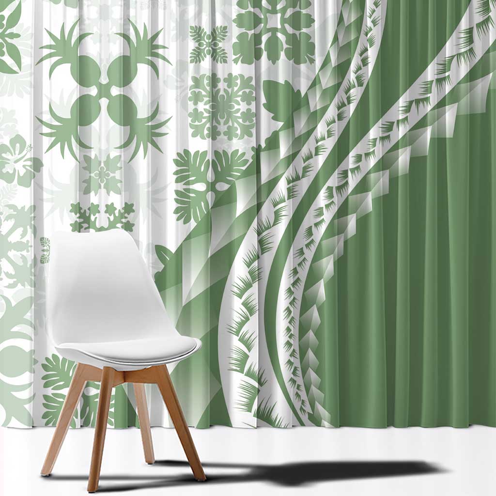 Green Hawaiian Quilt Pattern Window Curtain Mixed Polynesian Tribal Arty