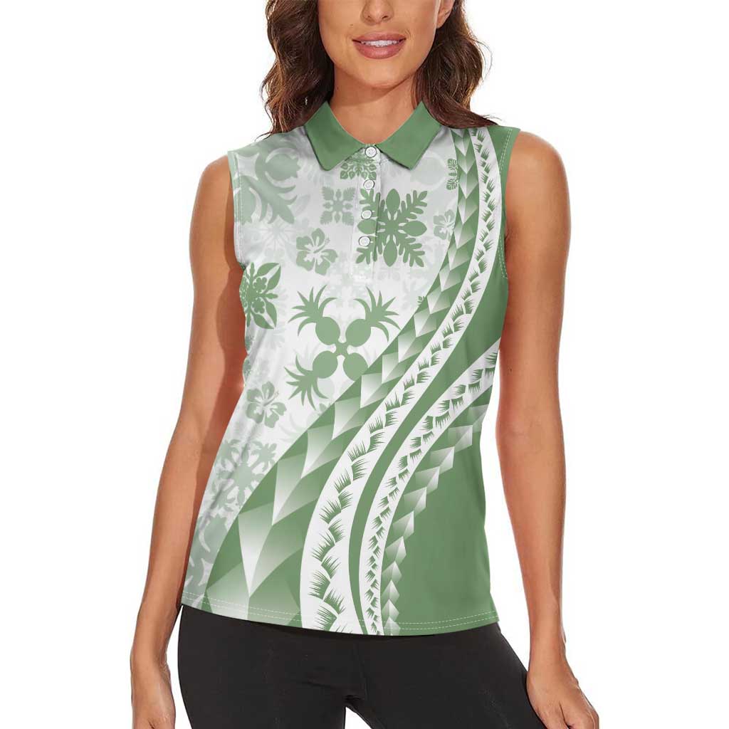Green Hawaiian Quilt Pattern Women Sleeveless Polo Shirt Mixed Polynesian Tribal Arty