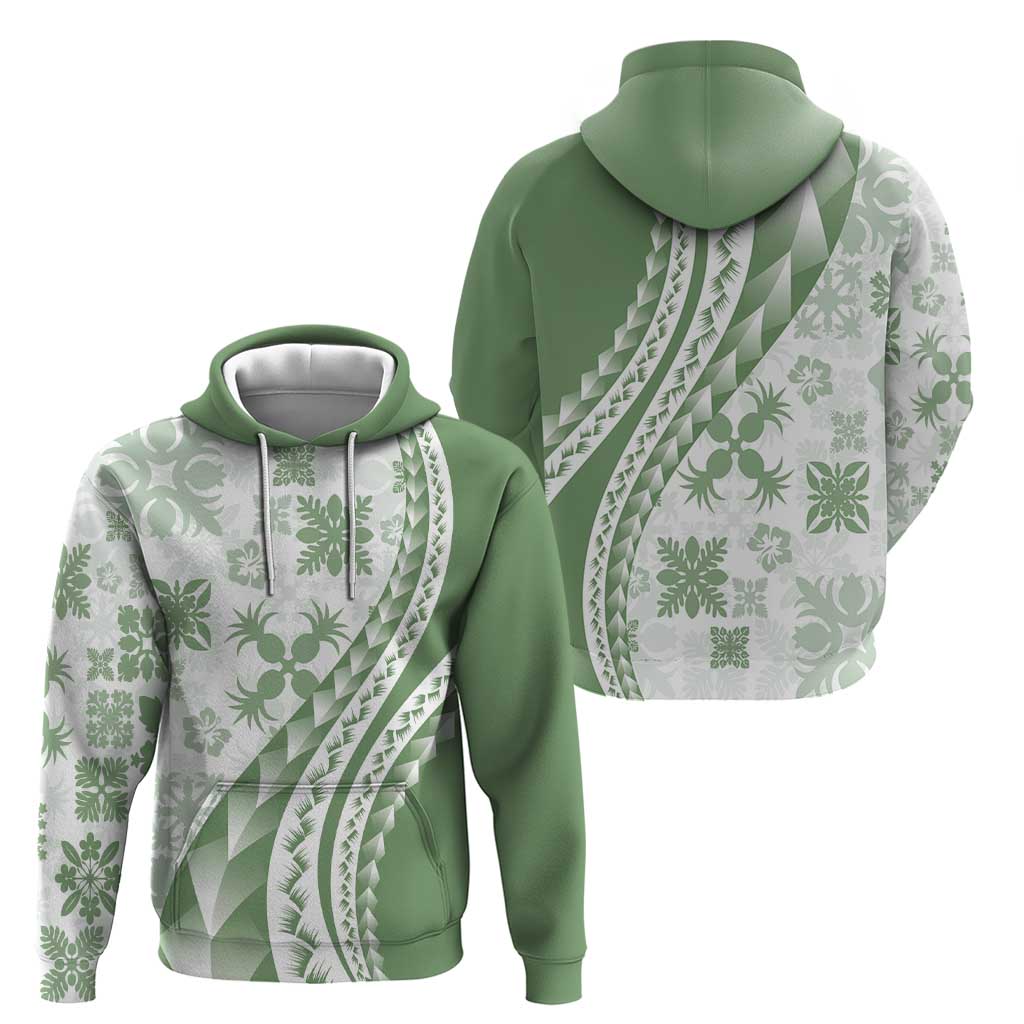 Green Hawaiian Quilt Pattern Zip Hoodie Mixed Polynesian Tribal Arty