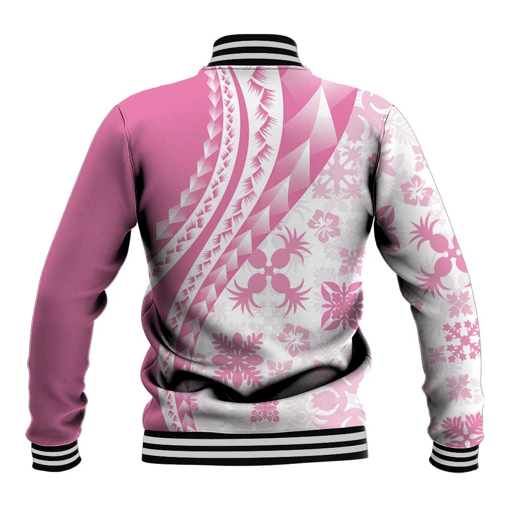 Pink Hawaiian Quilt Pattern Baseball Jacket Mixed Polynesian Tribal Arty