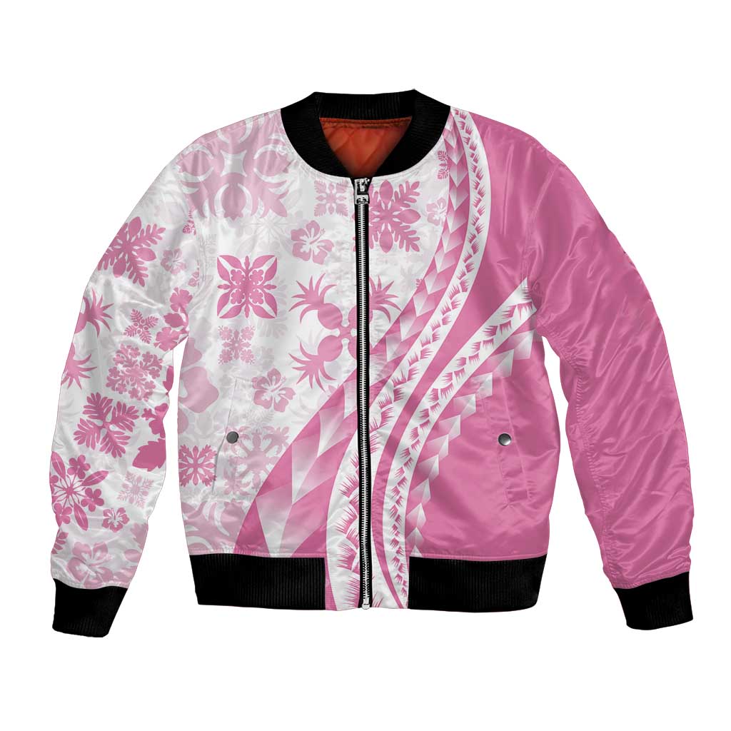 Pink Hawaiian Quilt Pattern Bomber Jacket Mixed Polynesian Tribal Arty