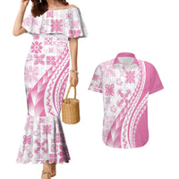 Pink Hawaiian Quilt Pattern Couples Matching Mermaid Dress and Hawaiian Shirt Mixed Polynesian Tribal Arty