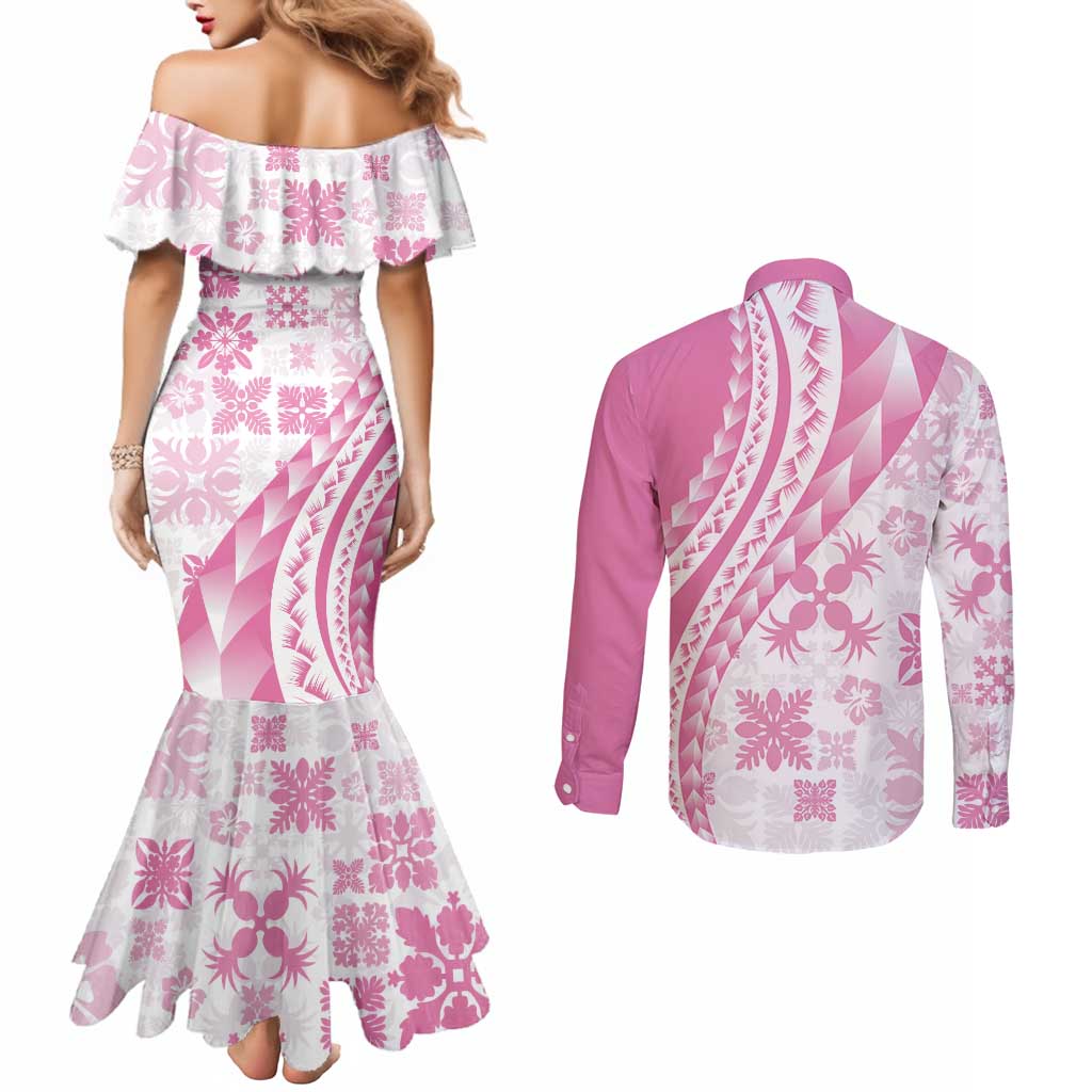 Pink Hawaiian Quilt Pattern Couples Matching Mermaid Dress and Long Sleeve Button Shirt Mixed Polynesian Tribal Arty