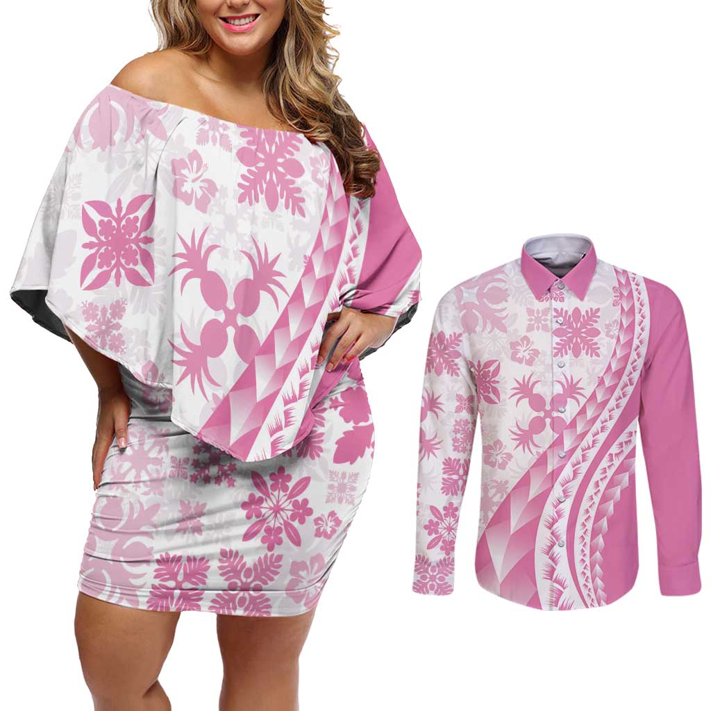Pink Hawaiian Quilt Pattern Couples Matching Off Shoulder Short Dress and Long Sleeve Button Shirt Mixed Polynesian Tribal Arty
