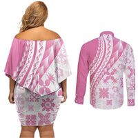 Pink Hawaiian Quilt Pattern Couples Matching Off Shoulder Short Dress and Long Sleeve Button Shirt Mixed Polynesian Tribal Arty