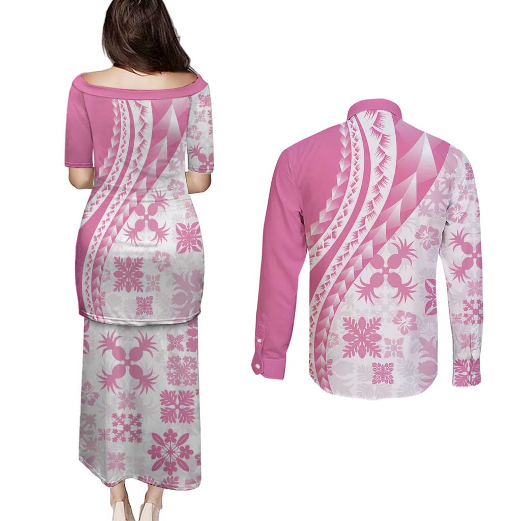 Pink Hawaiian Quilt Pattern Couples Matching Puletasi and Long Sleeve Button Shirt Mixed Polynesian Tribal Arty