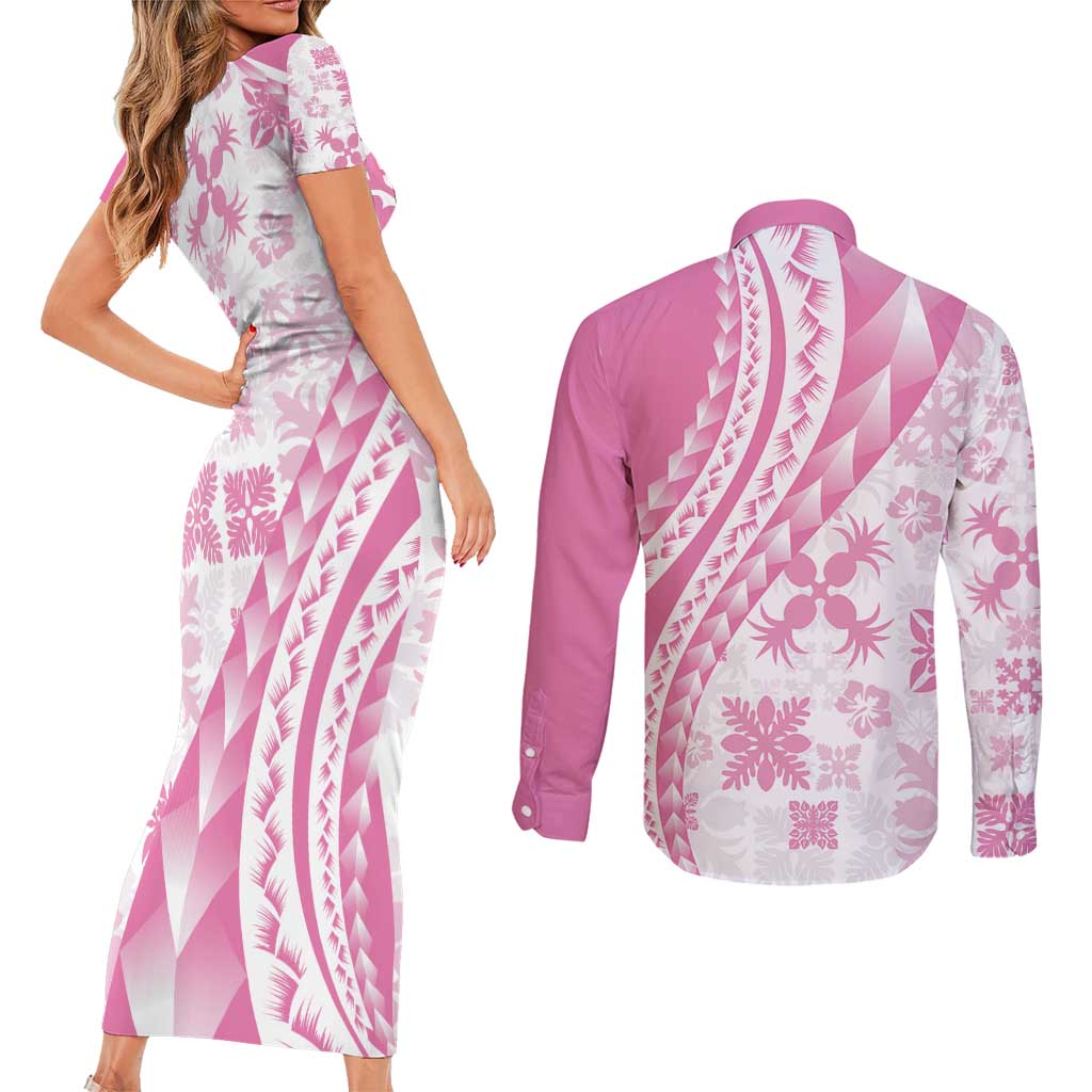 Pink Hawaiian Quilt Pattern Couples Matching Short Sleeve Bodycon Dress and Long Sleeve Button Shirt Mixed Polynesian Tribal Arty