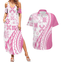 Pink Hawaiian Quilt Pattern Couples Matching Summer Maxi Dress and Hawaiian Shirt Mixed Polynesian Tribal Arty