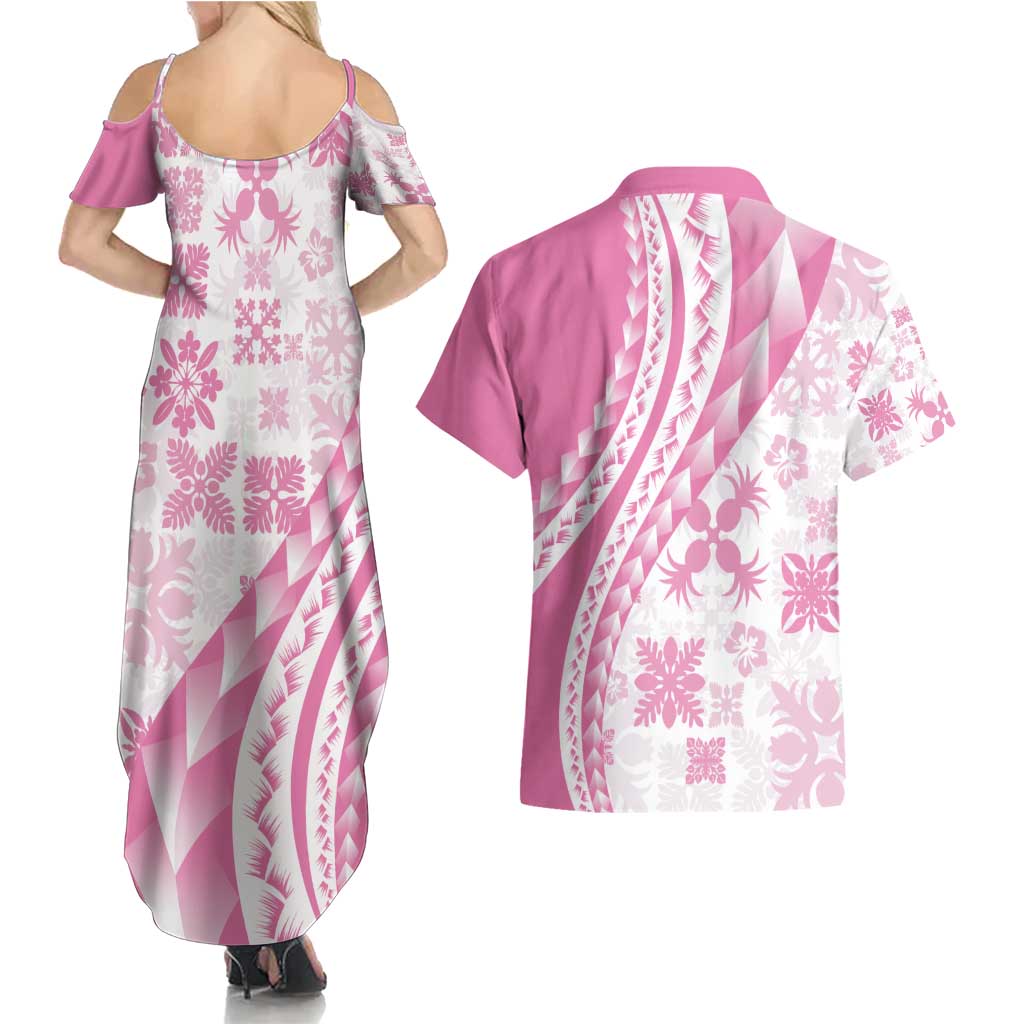 Pink Hawaiian Quilt Pattern Couples Matching Summer Maxi Dress and Hawaiian Shirt Mixed Polynesian Tribal Arty