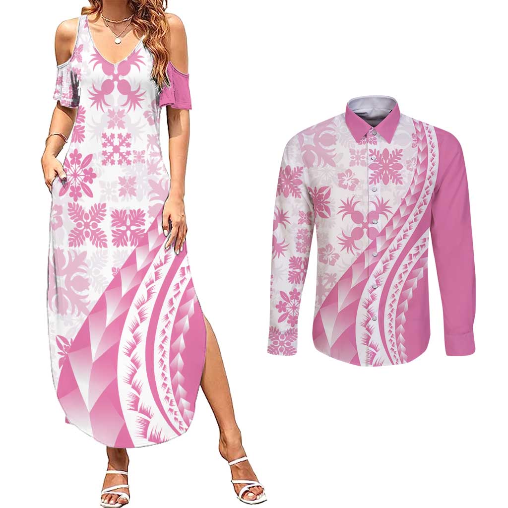 Pink Hawaiian Quilt Pattern Couples Matching Summer Maxi Dress and Long Sleeve Button Shirt Mixed Polynesian Tribal Arty