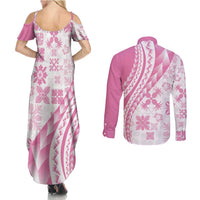 Pink Hawaiian Quilt Pattern Couples Matching Summer Maxi Dress and Long Sleeve Button Shirt Mixed Polynesian Tribal Arty