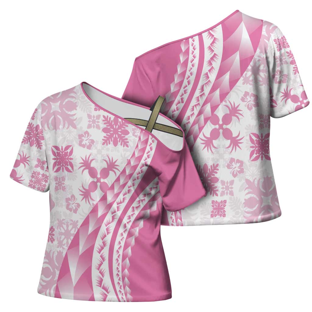 Pink Hawaiian Quilt Pattern Cross Shoulder Shirt Mixed Polynesian Tribal Arty - Polynesian Pride