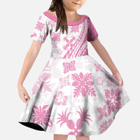 Pink Hawaiian Quilt Pattern Family Matching Long Sleeve Bodycon Dress and Hawaiian Shirt Mixed Polynesian Tribal Arty