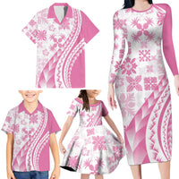 Pink Hawaiian Quilt Pattern Family Matching Long Sleeve Bodycon Dress and Hawaiian Shirt Mixed Polynesian Tribal Arty