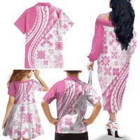 Pink Hawaiian Quilt Pattern Family Matching Off The Shoulder Long Sleeve Dress and Hawaiian Shirt Mixed Polynesian Tribal Arty