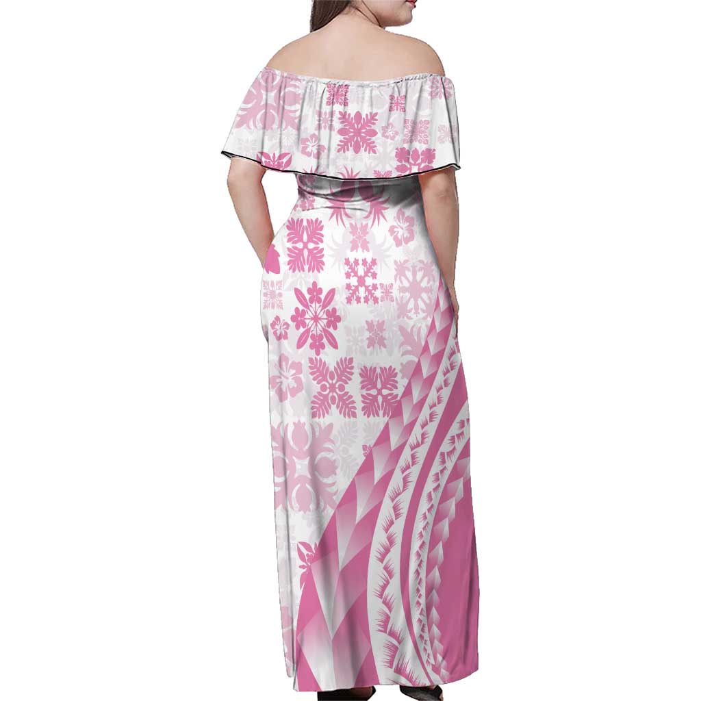 Pink Hawaiian Quilt Pattern Family Matching Off Shoulder Maxi Dress and Hawaiian Shirt Mixed Polynesian Tribal Arty