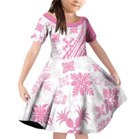 Pink Hawaiian Quilt Pattern Family Matching Off Shoulder Short Dress and Hawaiian Shirt Mixed Polynesian Tribal Arty