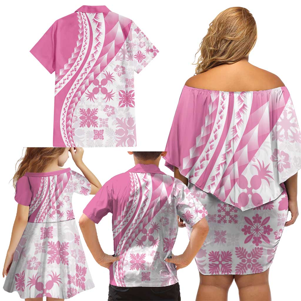 Pink Hawaiian Quilt Pattern Family Matching Off Shoulder Short Dress and Hawaiian Shirt Mixed Polynesian Tribal Arty