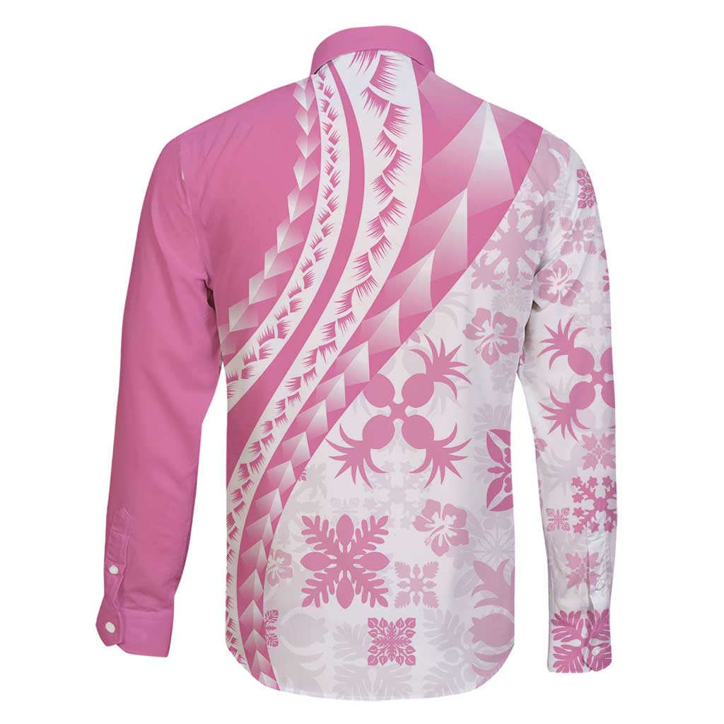 Pink Hawaiian Quilt Pattern Family Matching Puletasi and Hawaiian Shirt Mixed Polynesian Tribal Arty