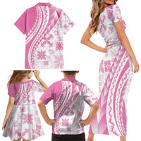 Pink Hawaiian Quilt Pattern Family Matching Short Sleeve Bodycon Dress and Hawaiian Shirt Mixed Polynesian Tribal Arty