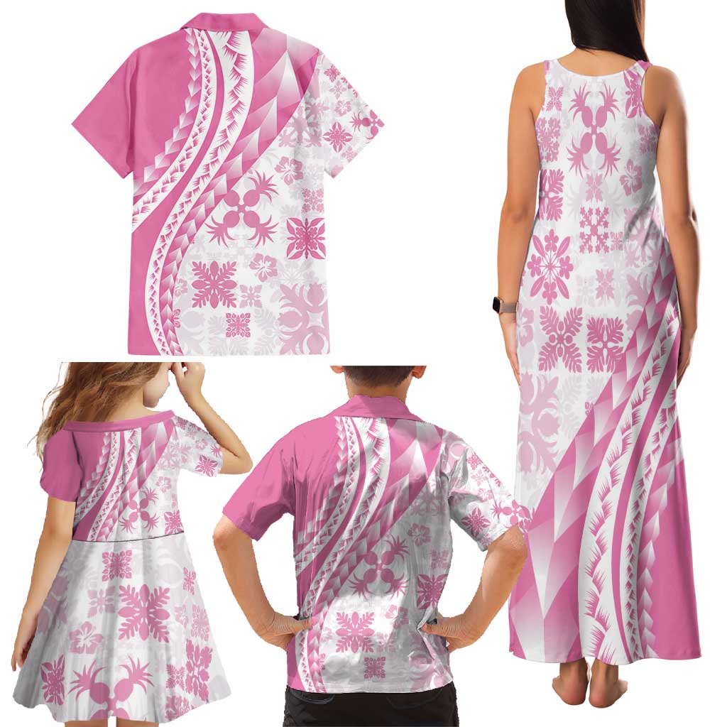 Pink Hawaiian Quilt Pattern Family Matching Tank Maxi Dress and Hawaiian Shirt Mixed Polynesian Tribal Arty
