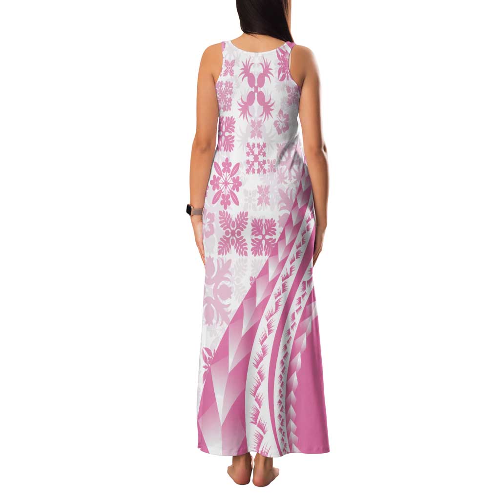 Pink Hawaiian Quilt Pattern Family Matching Tank Maxi Dress and Hawaiian Shirt Mixed Polynesian Tribal Arty