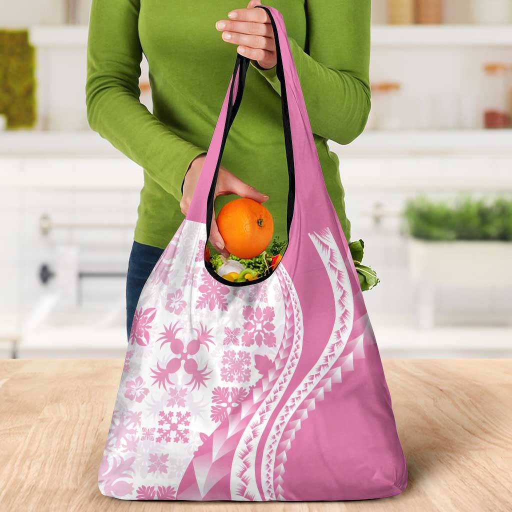 Pink Hawaiian Quilt Pattern Grocery Bag Mixed Polynesian Tribal Arty