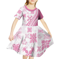Pink Hawaiian Quilt Pattern Kid Short Sleeve Dress Mixed Polynesian Tribal Arty