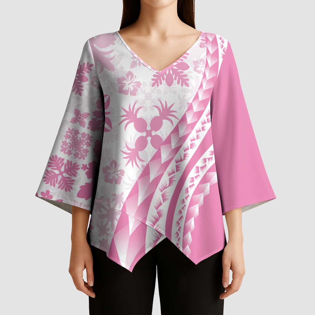 Pink Hawaiian Quilt Pattern Kimono Sleeve Blouse Mixed Polynesian Tribal Arty - Polynesian Pride