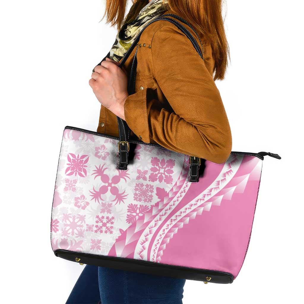 Pink Hawaiian Quilt Pattern Leather Tote Bag Mixed Polynesian Tribal Arty