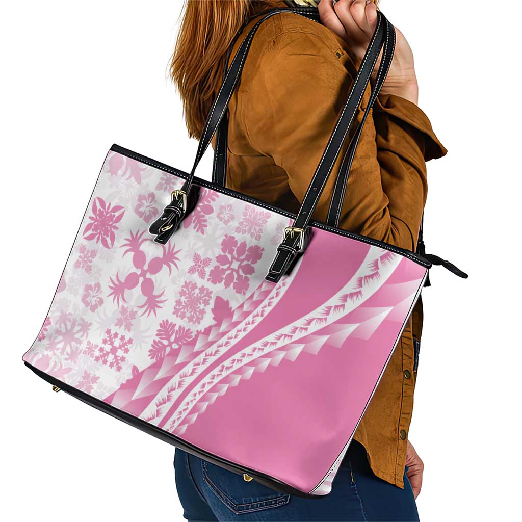 Pink Hawaiian Quilt Pattern Leather Tote Bag Mixed Polynesian Tribal Arty
