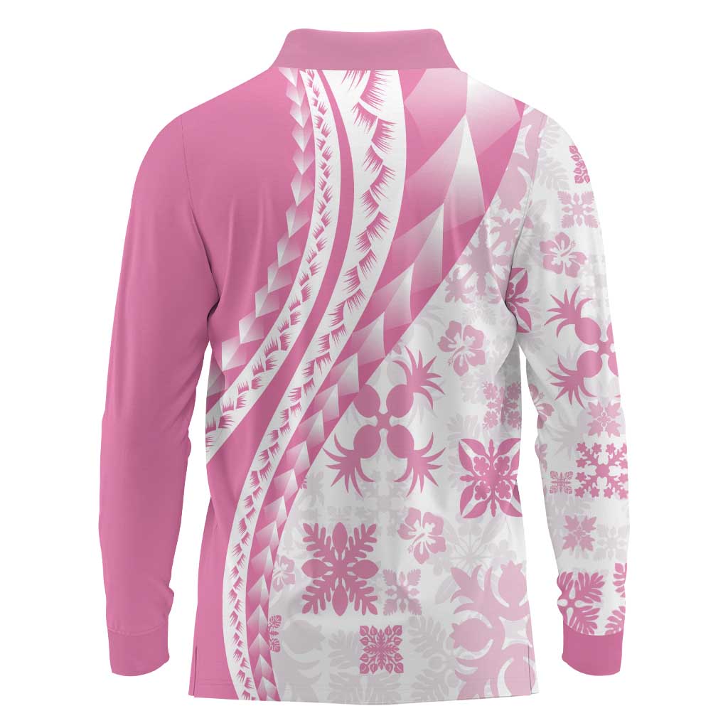 Pink Hawaiian Quilt Pattern Long Sleeve Polo Shirt Mixed Polynesian Tribal Arty