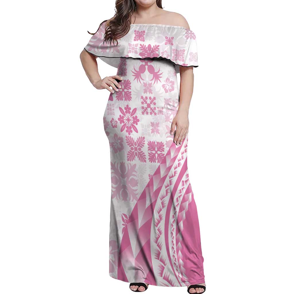 Pink Hawaiian Quilt Pattern Off Shoulder Maxi Dress Mixed Polynesian Tribal Arty