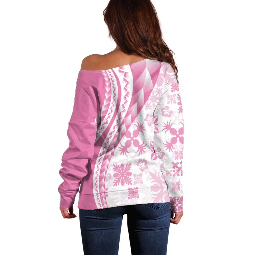 Pink Hawaiian Quilt Pattern Off Shoulder Sweater Mixed Polynesian Tribal Arty