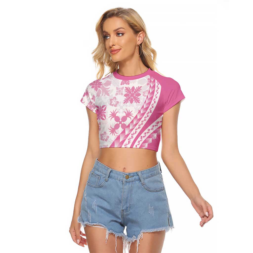Pink Hawaiian Quilt Pattern Raglan Cropped T Shirt Mixed Polynesian Tribal Arty