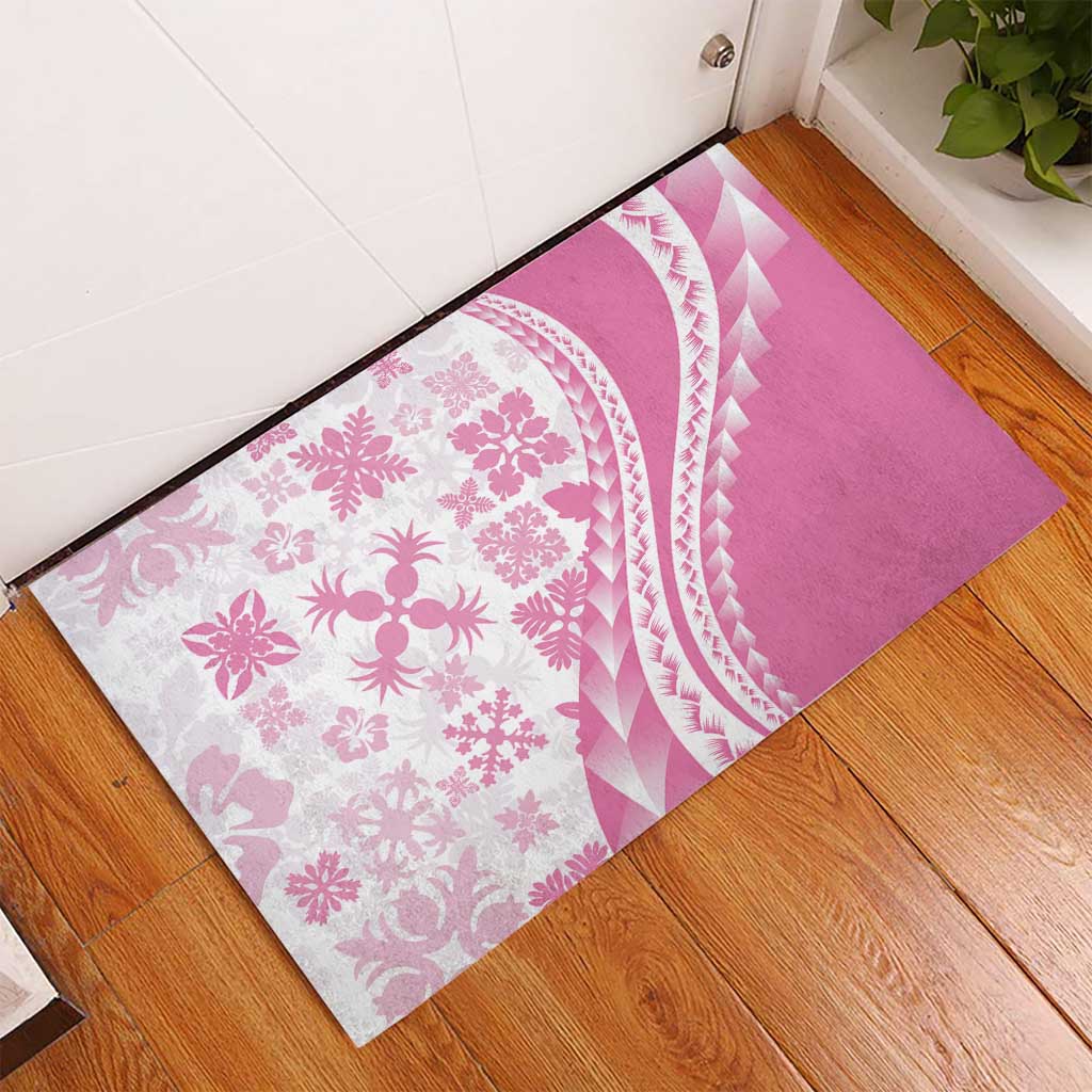 Pink Hawaiian Quilt Pattern Rubber Doormat Mixed Polynesian Tribal Arty