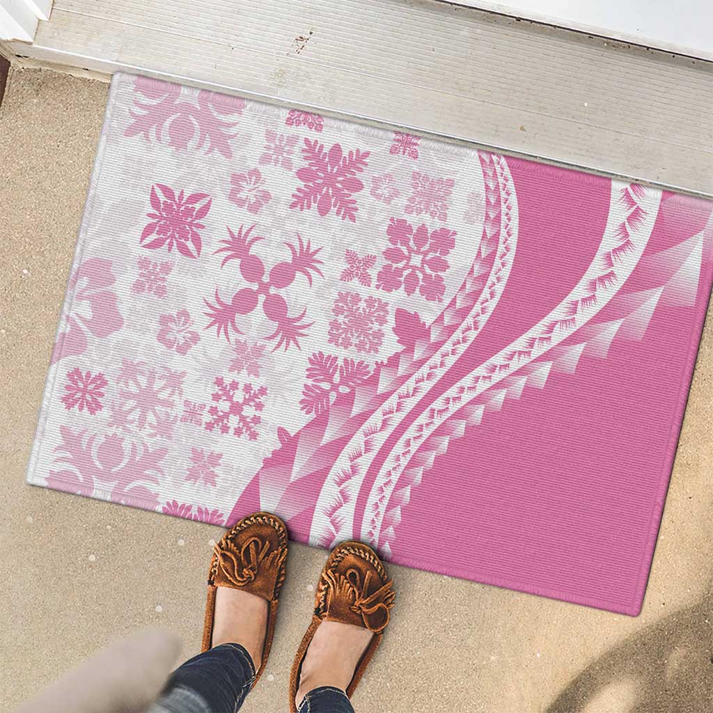 Pink Hawaiian Quilt Pattern Rubber Doormat Mixed Polynesian Tribal Arty