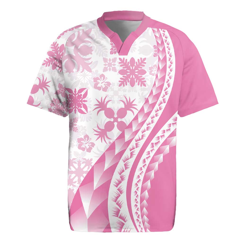 Pink Hawaiian Quilt Pattern Rugby Jersey Mixed Polynesian Tribal Arty