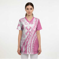 Pink Hawaiian Quilt Pattern Scrub Top Mixed Polynesian Tribal Arty - Polynesian Pride