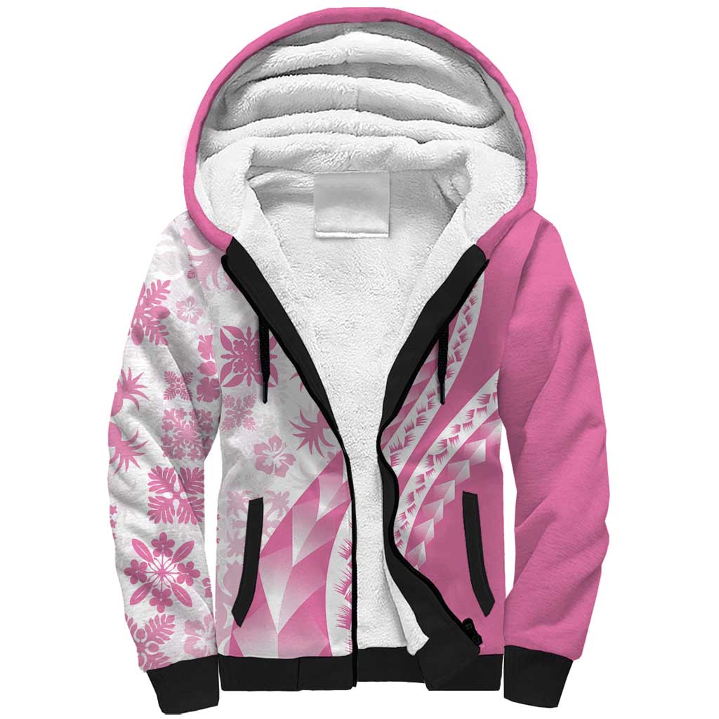 Pink Hawaiian Quilt Pattern Sherpa Hoodie Mixed Polynesian Tribal Arty